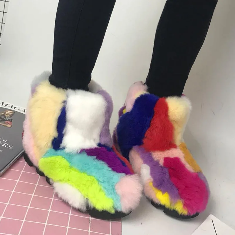 

2018 European and American winter warm fur mixed color snow boots round toe multicolor slip-on 4 cm heel ankle boots women shoes
