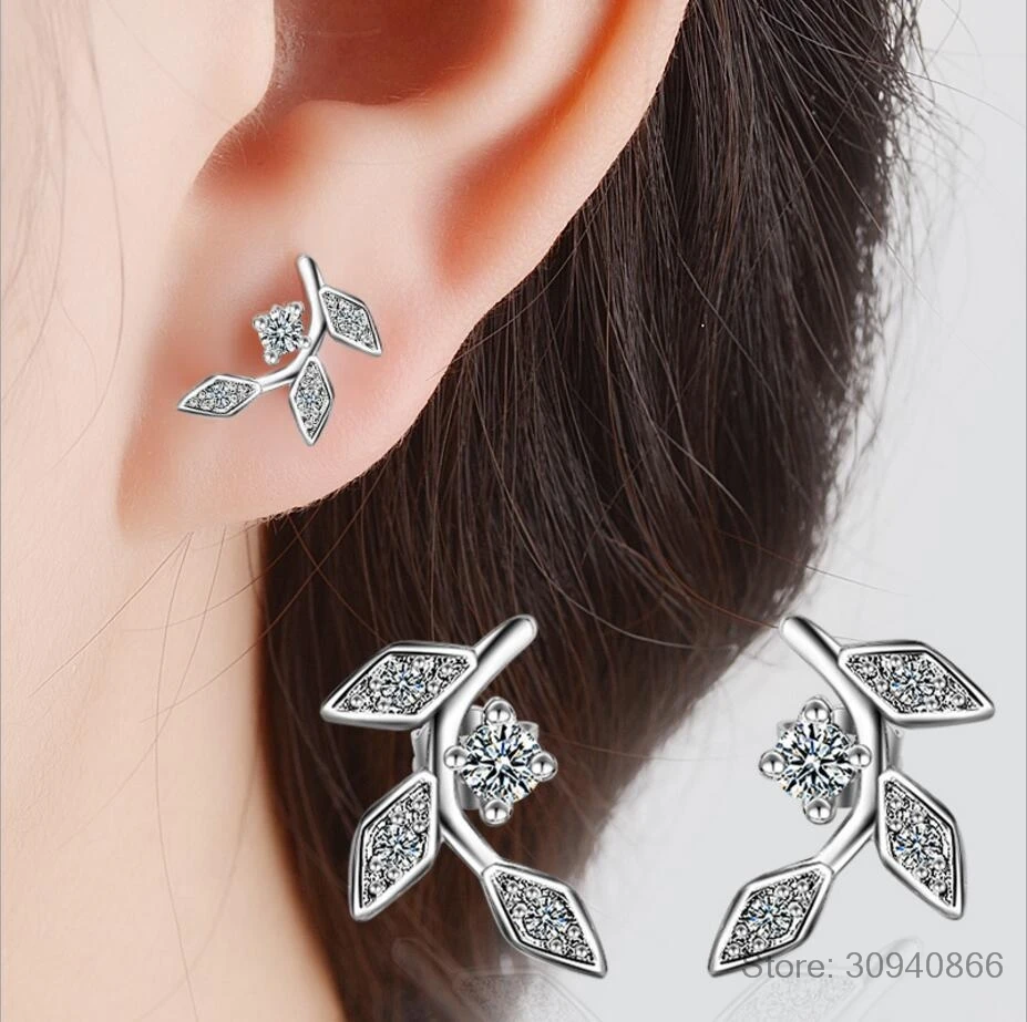 

2019 New Elegant Leaf Earrings for Women Girls AAA Clear Zirconia 925 Sterling Silver Stud Earrings Brincos Fine Jewelry