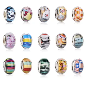 

50Pcs/Lot Mix Stripes Round Resin Plastic Beads Spacer European Murano Charms Fit For Pandora Style DIY Snake Chain Bracelets