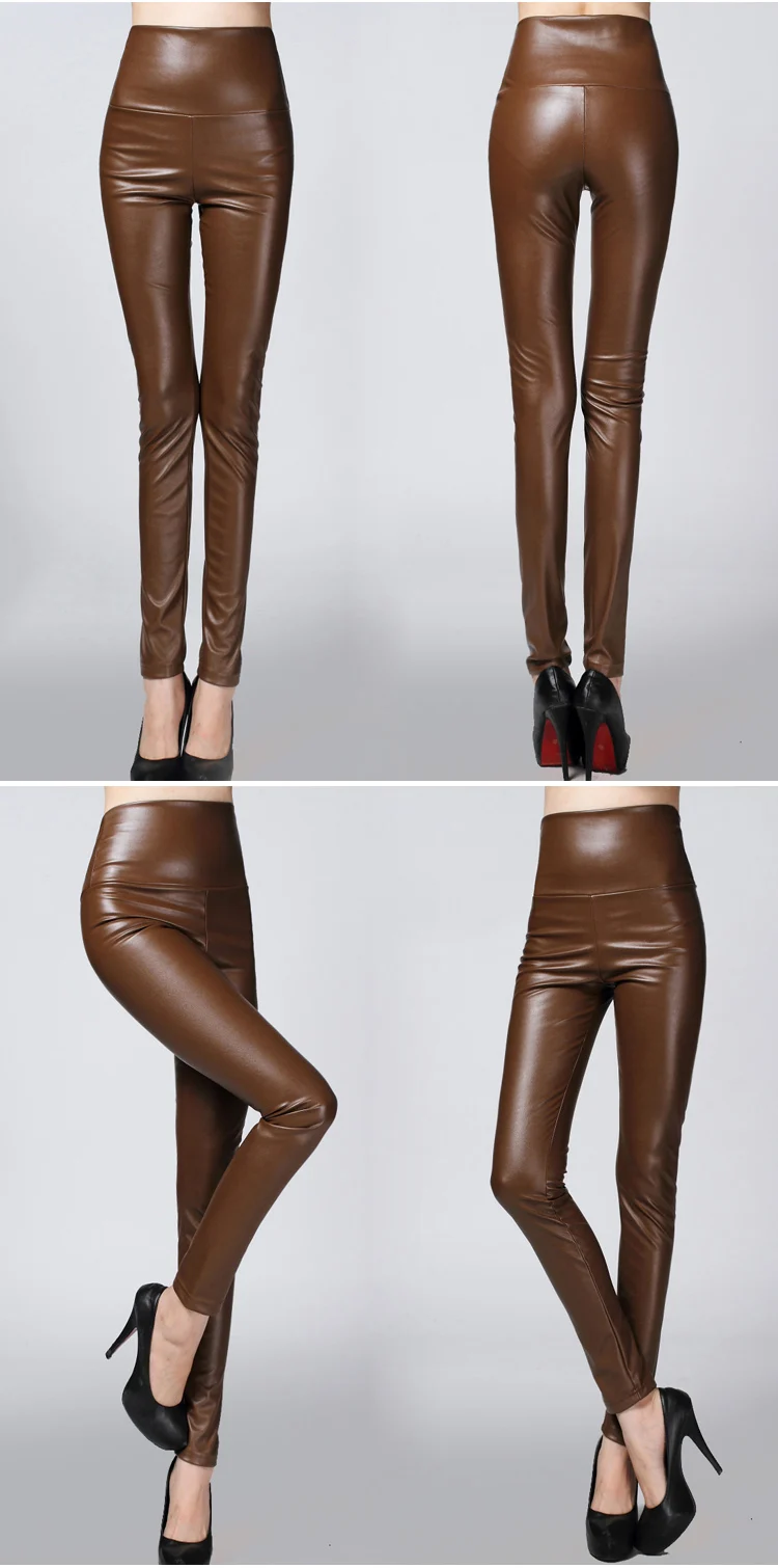 Autumn and winter large size with fleece PU color imitation leather leggings high waist tight leather trousers for women slim (26)