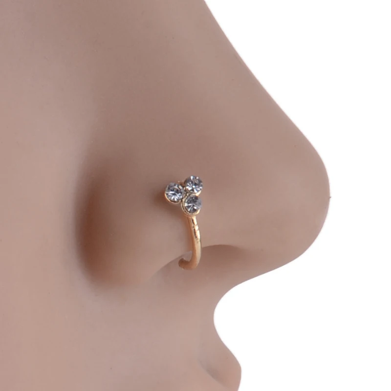 1pcs Silver/Gold 3 Crystal Diamante Nose Clip Hoop Ring Rhinestone Nose