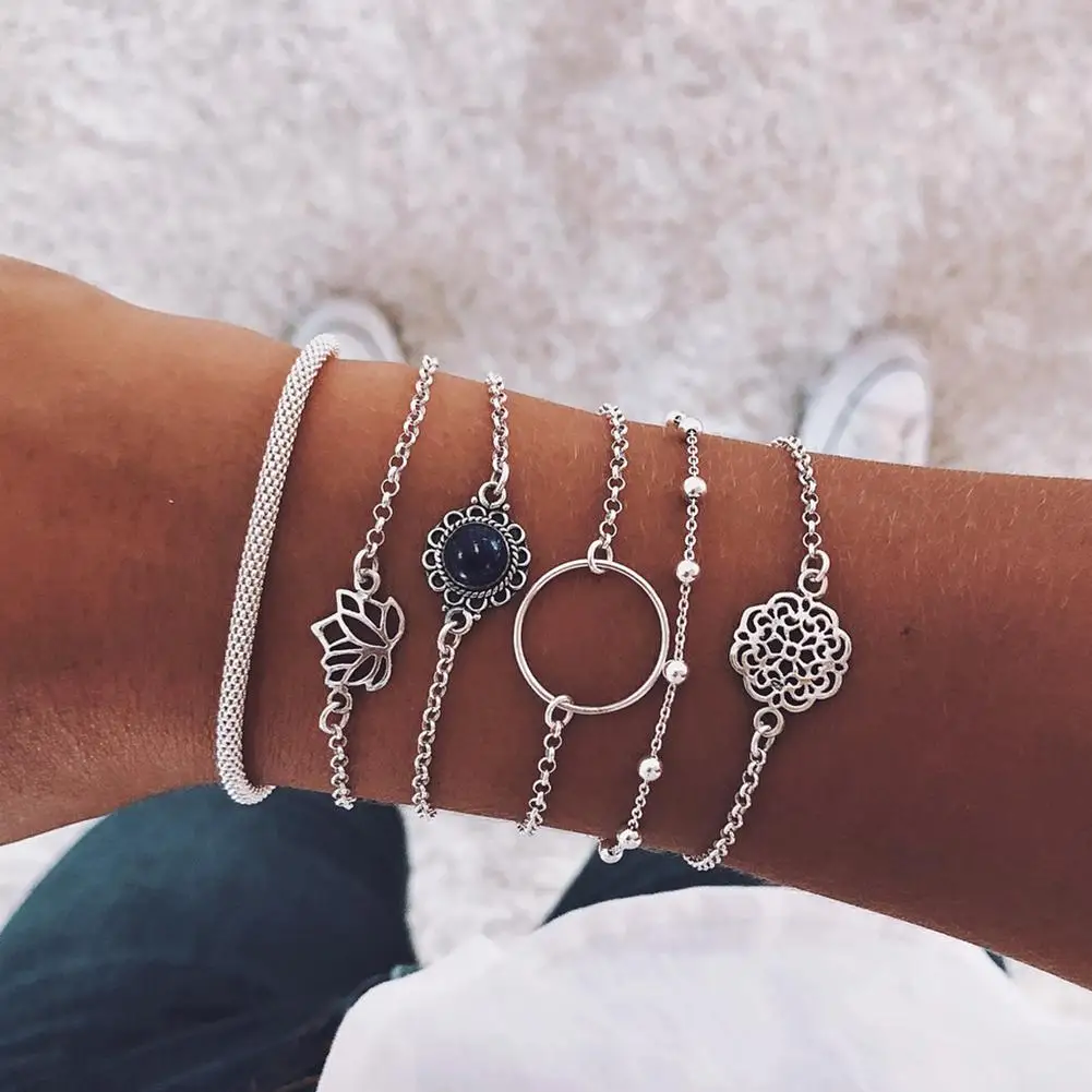 

6Pcs/Set Women Multilayer Hollow Circle Flower Lotus Faux Gem Chain Bracelet Gift