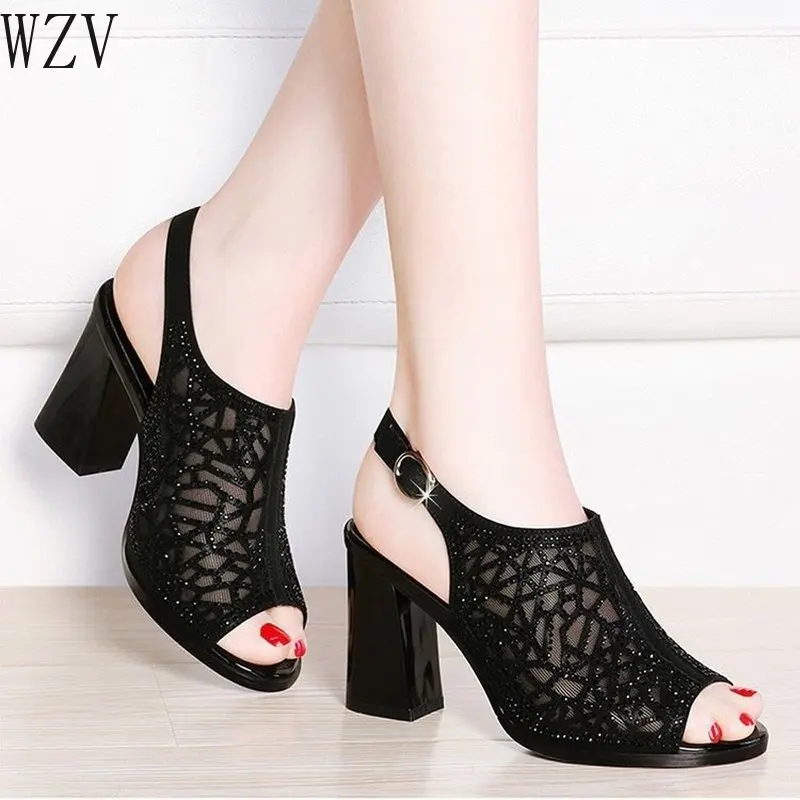 2019 Summer New Rhinestone Women Sandals High Quality Chunky Heels Peep-Toe Platform Shoes Woman Gold Black K100 | Обувь
