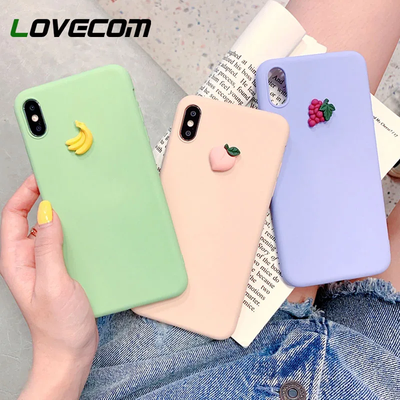 

LOVECOM 3D Fruits Banana Peach Grape Cases For iPhone XR XS Max 6 6S 7 8 Plus X Candy Color Silicone Soft TPU Phone Back Cover