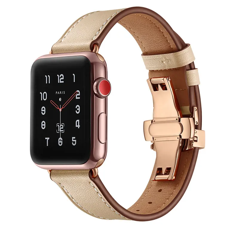 Ремешок из натуральной кожи для Apple Watch 3, 42 мм, 38 мм, ремешок из нержавеющей стали с бабочкой и пряжкой для наручных часов Iwatch Series 3, 2, 1