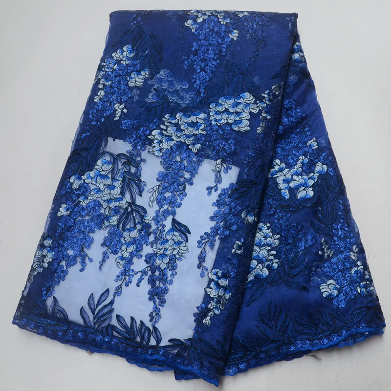 

Free shipping (5yards/pc) high quality embroidered African net lace royal blue French lace with lots of sequins for dress FLP920
