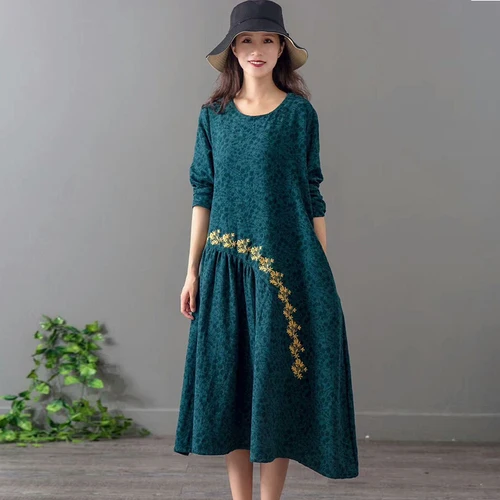 2019 Artistic Long Sleeve Women Dress Embroidery Low Waist Vintage Loose Dress Women Cotton Linen Women's Clothing Dress Flax