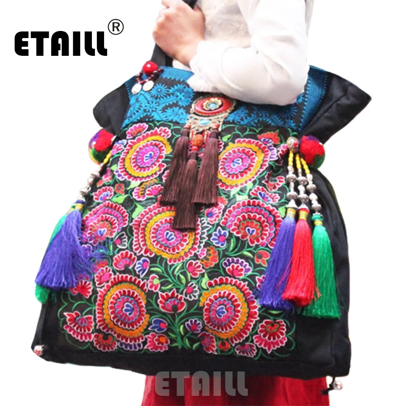Супер большой 50 см Этническая сумка с вышивкой Hmong Boho Thai Tassel Вышитые Сумки Роскошные сумки с логотипом известного бренда Sac a Dos Femme
