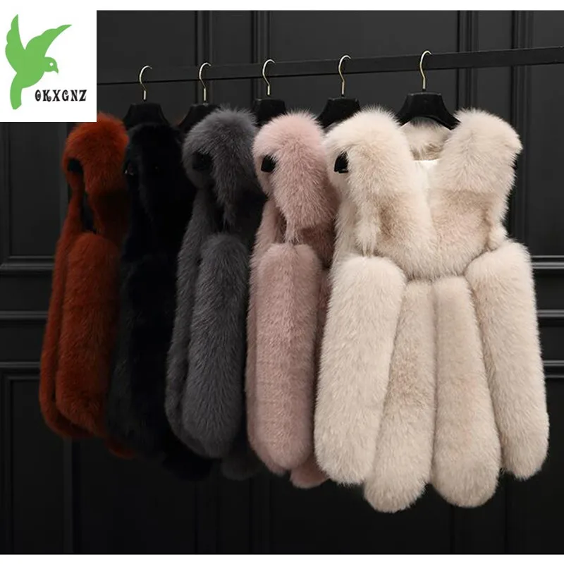 

OKXGNZ 2018 Long Winter Coat Women Plus Size 5XL Faux Fur Vest Plaid Warm Pocket Jacket Women Fur Outerwear feminino S-XL