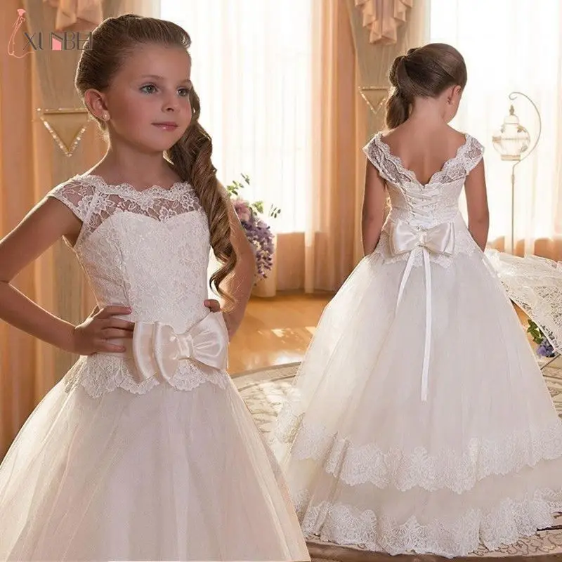 

Big Bow Lace Flower Girl Dresses Ankle Length Girls Pageant Dresses First Communion Dresses Wedding Party Dress