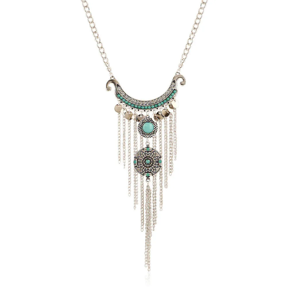 Bohemian Gypsy Style Turquoise Tassel Long Chain Pendant Necklace