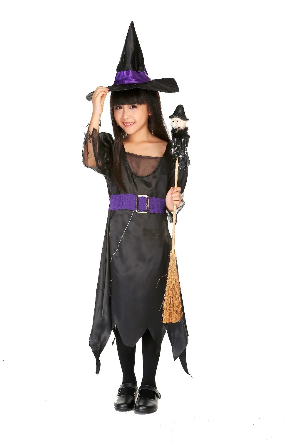 Kid Witch Costumes Black Purple Satin Girls Cartoon Fancy Dresses
