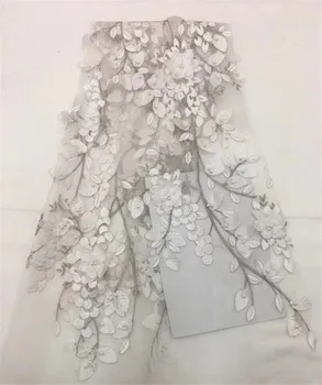 

2019 Latest plain Turquoise hand cut African lace Guipure embroidery 3D Flower french lace fabric with lots of beads for wedding