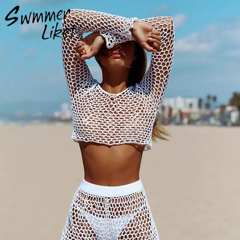 

Long sleeve cover up sun suit crochet handmade bikini set 2018 Sexy summer swim suit white swimsuit women bathing suit beachwear