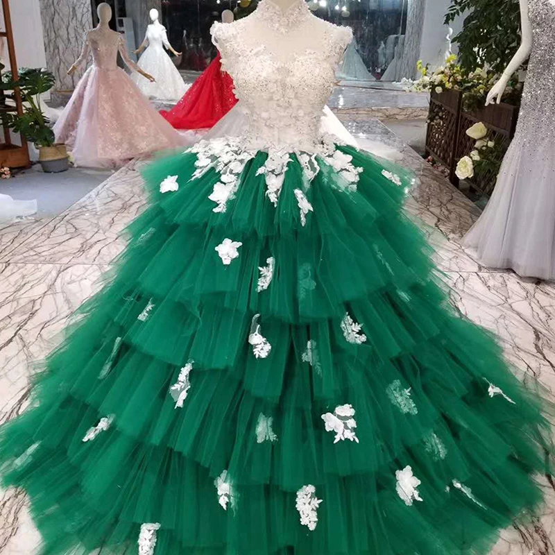 LSS152 новый дизайн Фея Зеленый Вечерние платья Высокое средства ухода за кожей шеи без рукавов Сексуальная Открытая спина 3D цветок торт