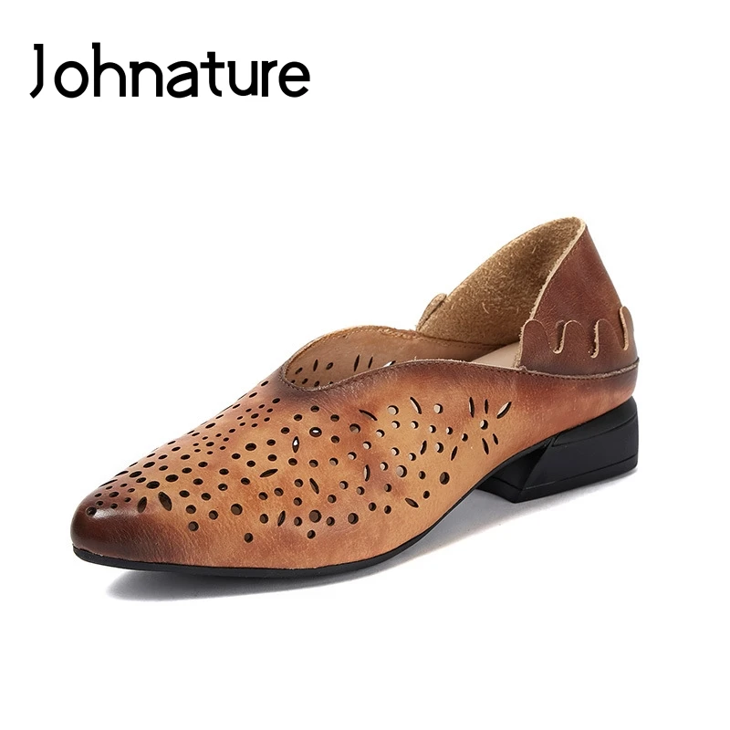 

Johnature Genuine Leather Square Heel Round Toe Summer Shoes Casual Slip-on Shallow Retro Hollow Pointed Toe Women Shoes Pumps
