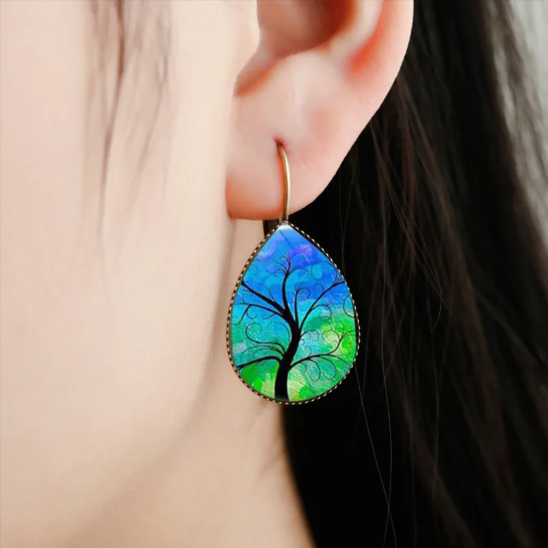 

SUTEYI Vintage Life Tree Tear Drop Earrings Charms Green Red Blue Mandala Pattern Glass Water Drop Earrings Women Jewelry