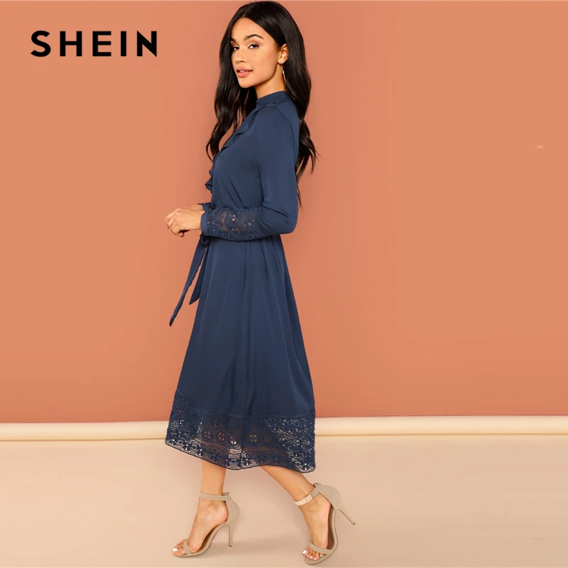 SHEIN Платье С Гипюровой Отделкой И Поясом Миди Слатье Воротником Стойкой Длинными