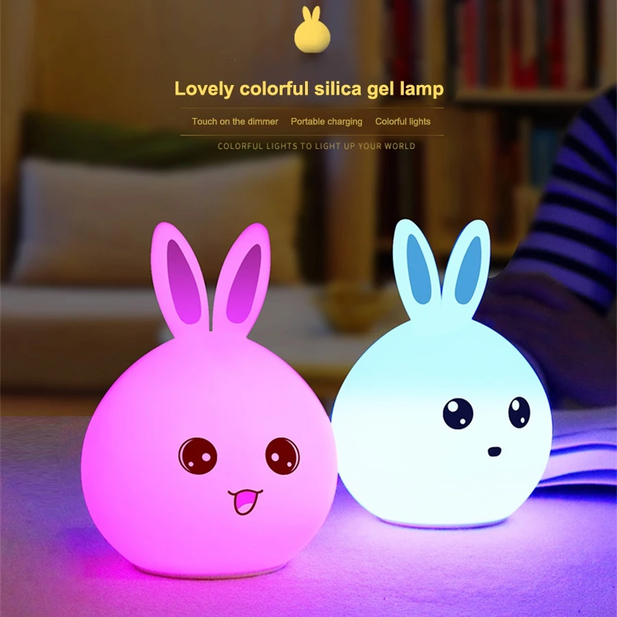 LED Night Light Remote Touch Sensor Colorful Silicone Bunny USB Rechargeable Desk Bedside Lamp for Children Gift | Освещение
