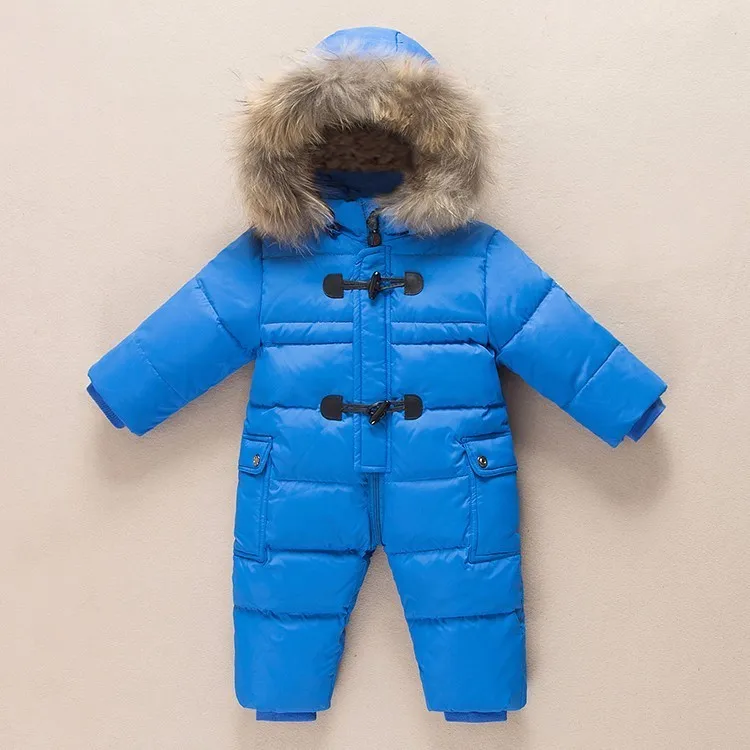 Русская зимняя одежда для новорожденных зимний комбинезон, 90% утиный пух, пуховик для девочки, пальто, парка зимний костюм для маленьких мальчиков верхняя одежда, комбинезон - Цвет: Blue