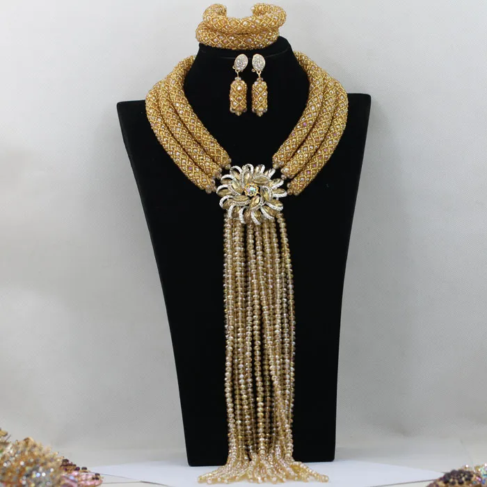 Дизайн нигерийский великолепный Шампанское Кристалл Африканский Свадебный/женское ожерелье бижутерия с бусинками Набор ANJ271 - Окраска металла: r