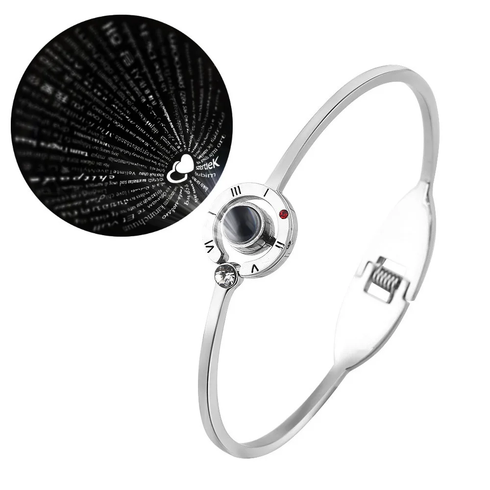 

Fashion Charm Women 100 Languages I Love You Memory Bracelet Stainless Steel Rose Gold Roman Numerals Crystal Fashion Bracelet