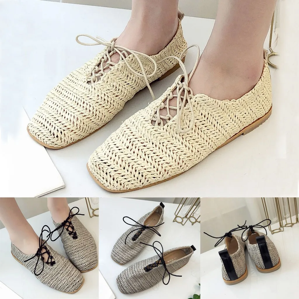 

sapato femini chaussures femme zapatillas mujer Women Muller Shoes Lazy Square Head Woven Shoes Casual Flat Shoes Sandals Shoes