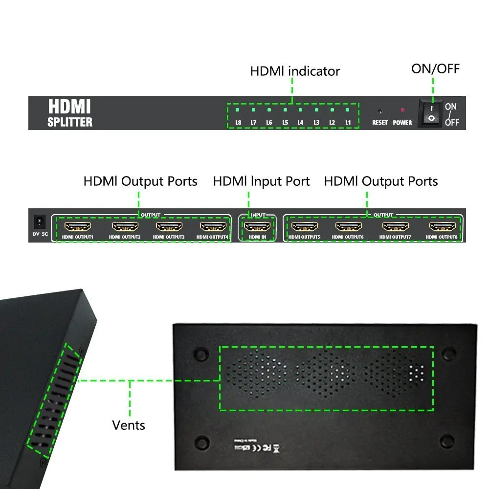 1x8 HDMI сплиттер аудио видео дистрибьютор Усилитель Поддержка Full HD 3D и 1080P/60 Гц LPCM Dolby