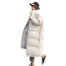 Корейское осенне-зимнее пальто, толстое теплое пальто для женщин, тонкий длинный свободный хлопковый пуховик, стоячий воротник, хлопковые парки, куртка