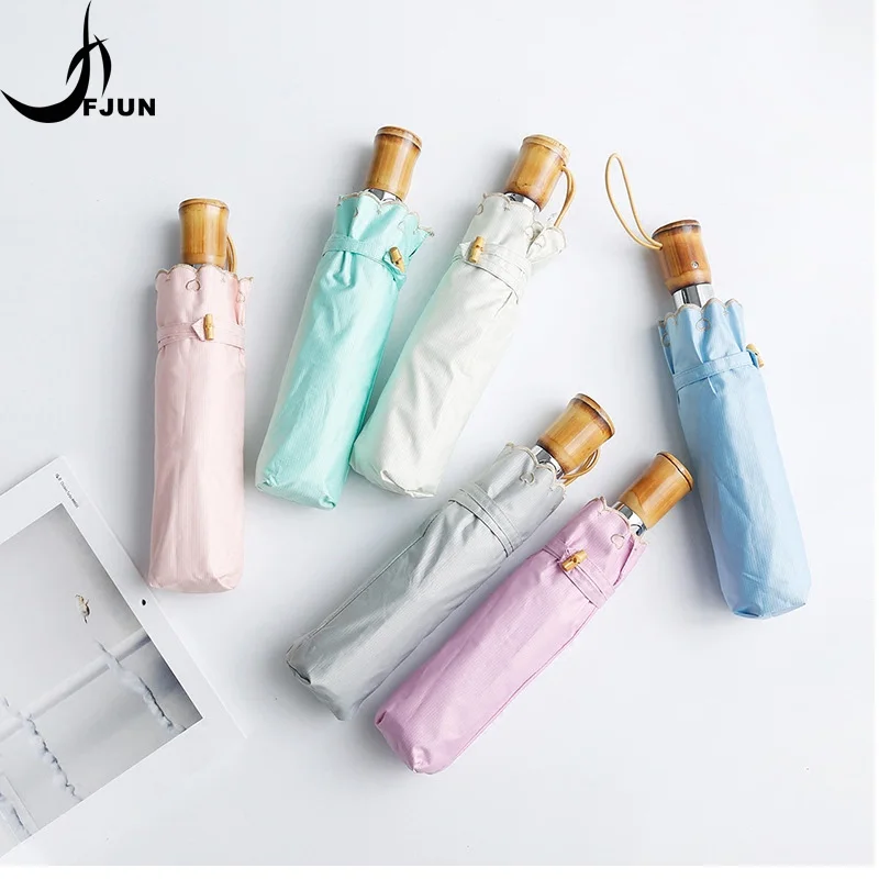 

Japanese bamboo handle three fold umbrella female rain and sunny creative automatic umbrella girl sunshade UV small paraguas