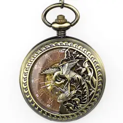 Элегантные полые птица Феникс Механические карманные часы с цепочкой гравированные ручной подвесной медальон часы мужские бронзовые Fob