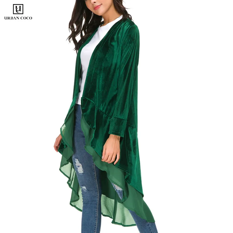 Urban CoCo Женский бархатный Кардиган с длинным рукавом, пальто с асимметричным шифоновым подолом, Однотонный свитер, женский кардиган, пальто - Цвет: Dark Green