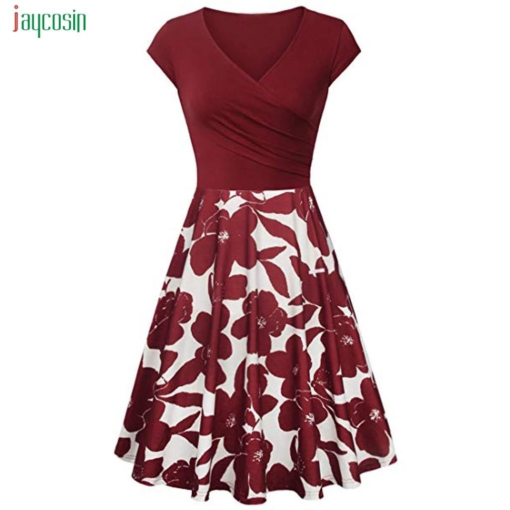 

Jaycosin Short Sleeve Dress Women Summer Floral Vintage Elegant Cross V- Neck Dress A-lined Empire Waistline Vestidos De Fiesta
