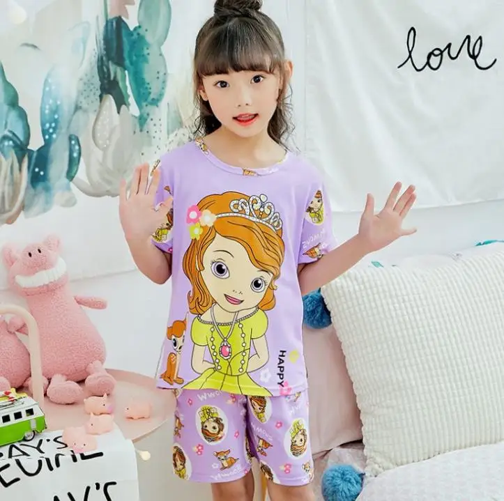 Детские пижамы тонкий летний хлопковый комплект для мальчиков и девочек с короткими рукавами, с героями мультфильмов - Цвет: style  12
