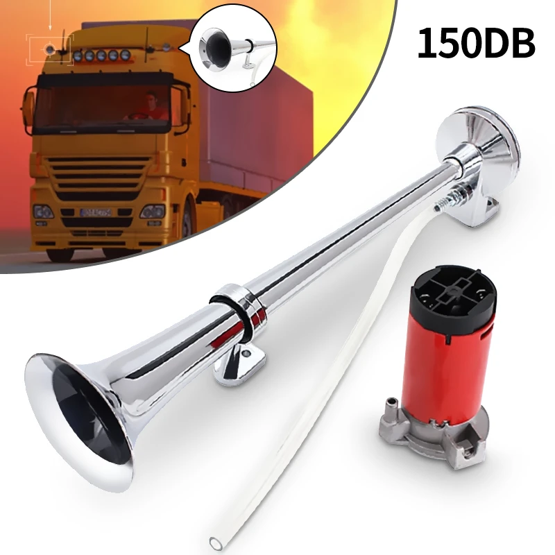 150dB 12V Single Trumpet Car Air Horn Chrome Super Loud with Compressor For Auto Truck Lorry Boat Train Horn