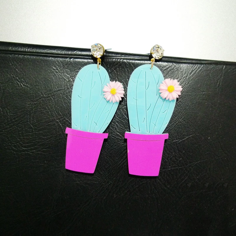 

Thailand Fashion Cactus Crystal Drop Earrings For Women HyperBole Bonsai Flower Acrylic Earring Street Style Jewelry E19091