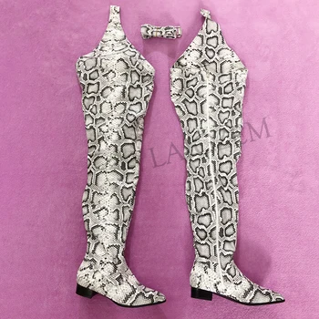 

LAIGZEM Women Snake Printing Over Knee Chap Boots Waist Belt Low Chunky Heels Side Zip Boots Shoes Botas Mujer Large Size 34-47