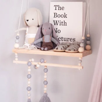 

Nordic Style Wooden Beads Wall Hanging Shelf Swing Rope Floating Shelves Display Storage Rack Decor For Home, Office, Cafe