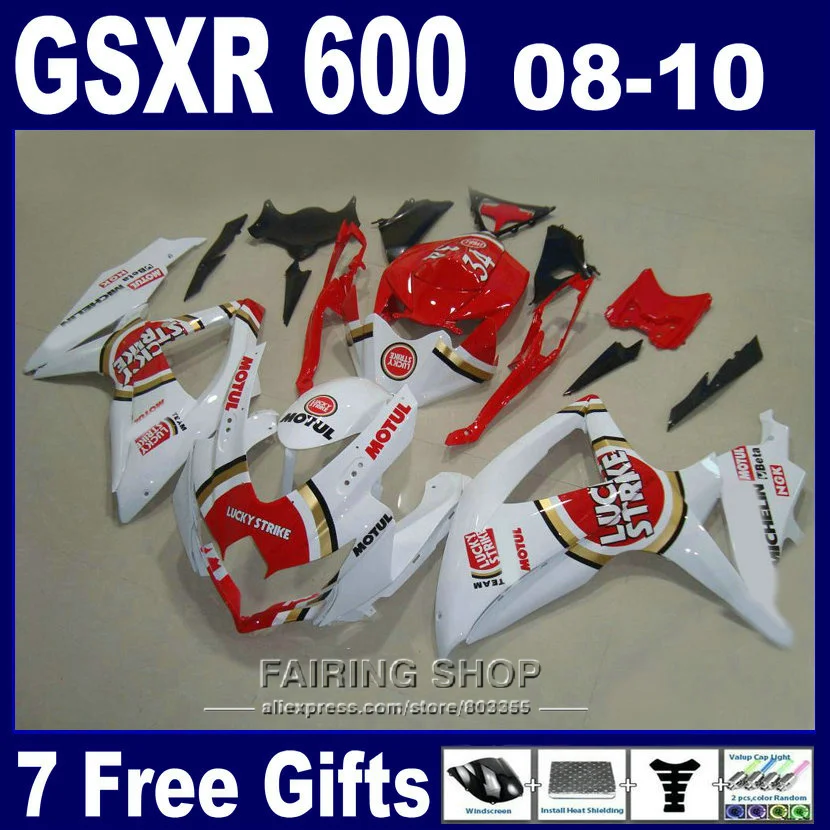 Бесплатный комплект обтекателей для suzuki injection gsxr 600 750 08 09 10 Белый Красный