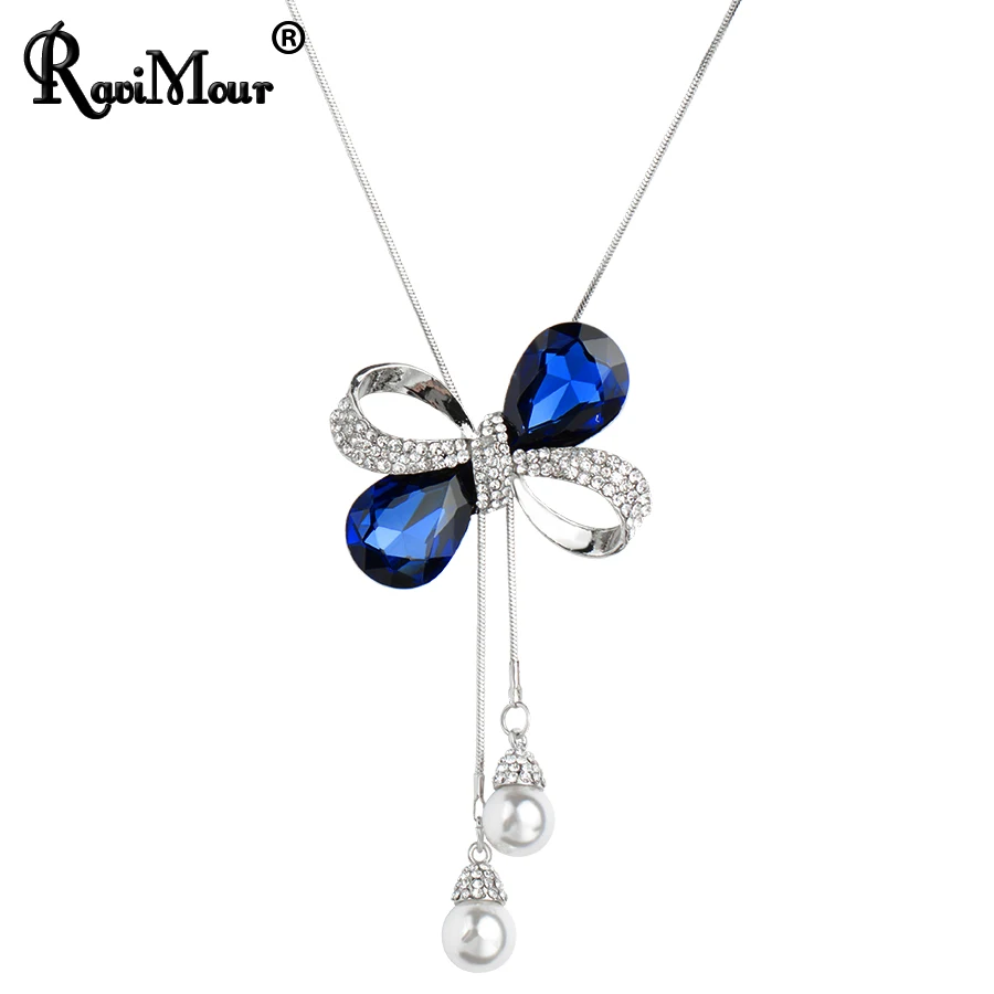 

RAVIMOUR Blue Crystal Bowknot Long Necklaces & Pendants Imitation Pearl Jewelry Maxi Chokers Silver Color Chain Collar New 2017