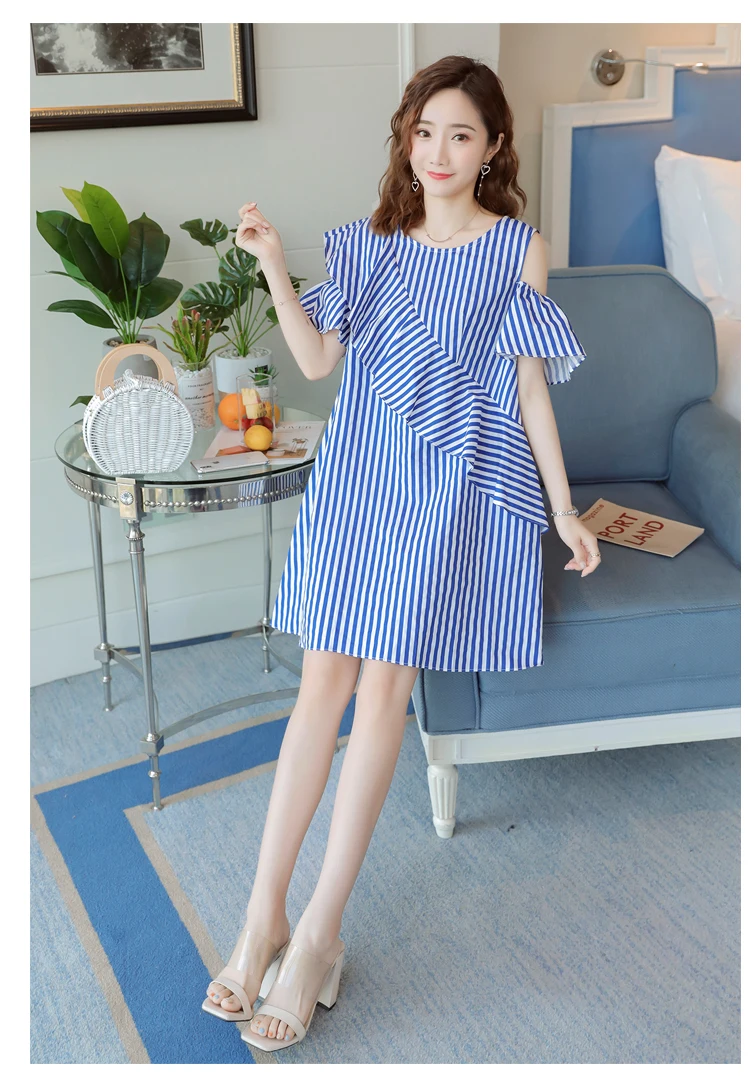 Для беременных женщин синее Полосатое платье без бретелек слово кукольная юбка платье корейская мода гофрированная юбка для беременных