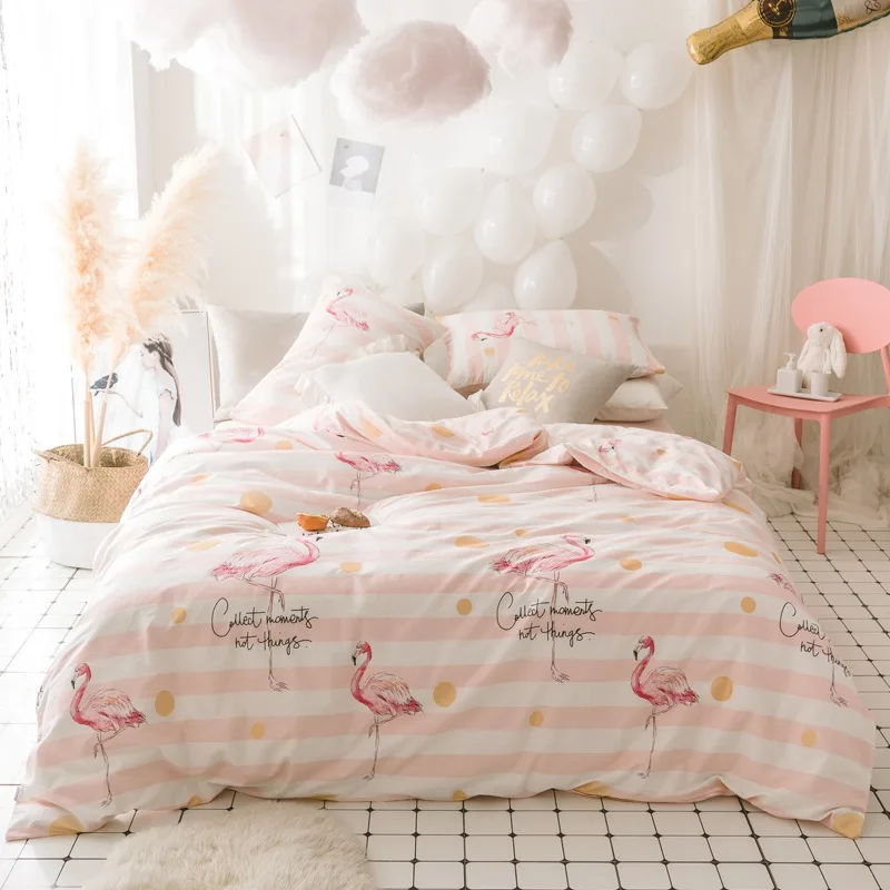 Хлопок красивый Фламинго пододеяльник набор Твин Королева сладкий розовый постельные принадлежности наборы сплошной цвет простыня/Покрывало наволочки - Цвет: ShiGuangJingHao