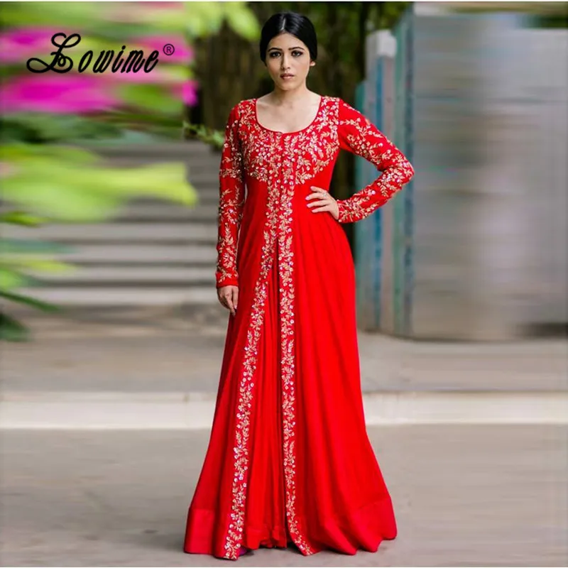 Formal Turkish Dresses Red Women Chiffon Long Evening Dress Gold