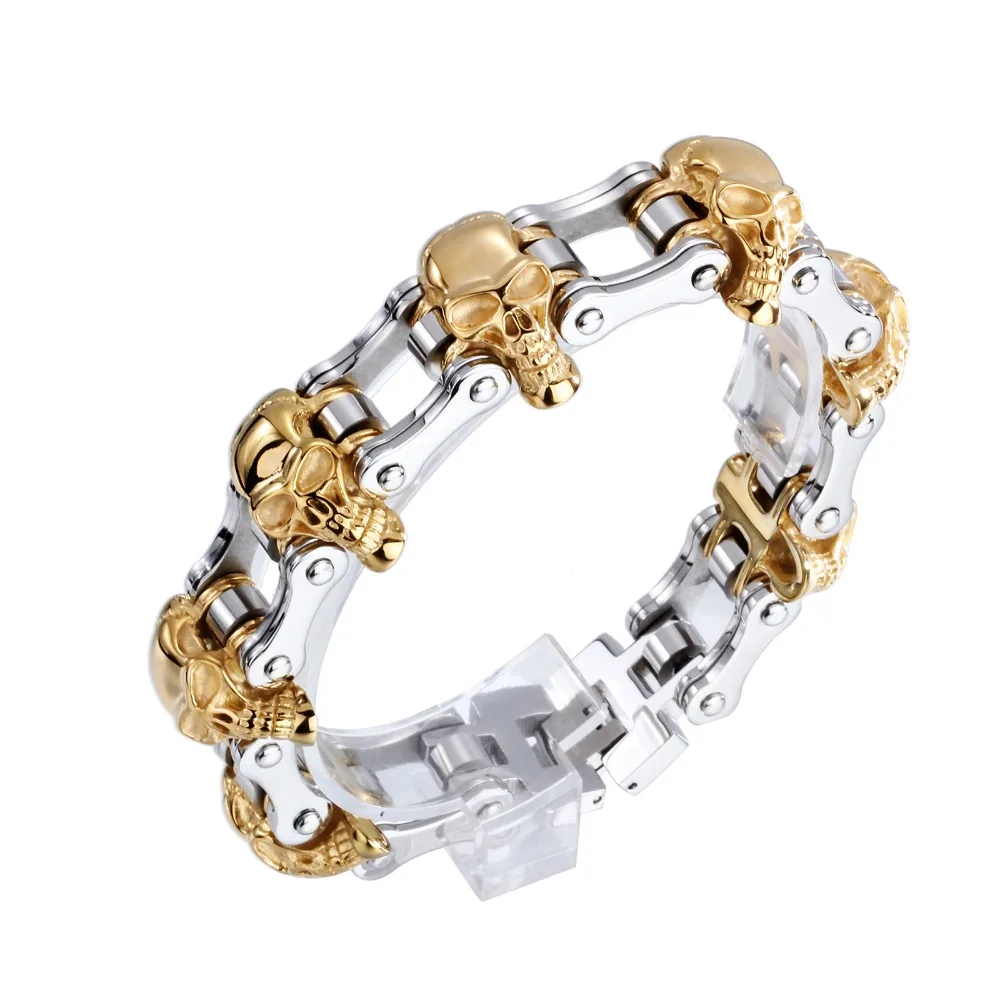 

Gold/Silver Tone Biker Harley Motorcycle Link Punk 316L Stainless Steel Gothic Gold Skull Biker Motorcycle Bracelet Wristband