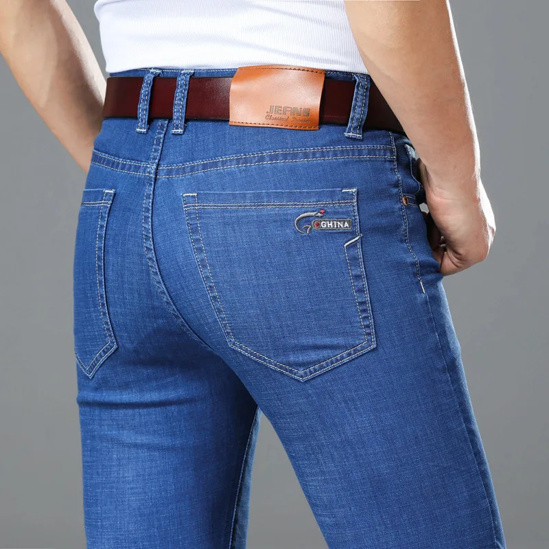HAYBLST весна лето новые эластичные Бизнес повседневные Прямые джинсы мужские размера плюс мужские синие джинсовые брюки модные мужские джинсы