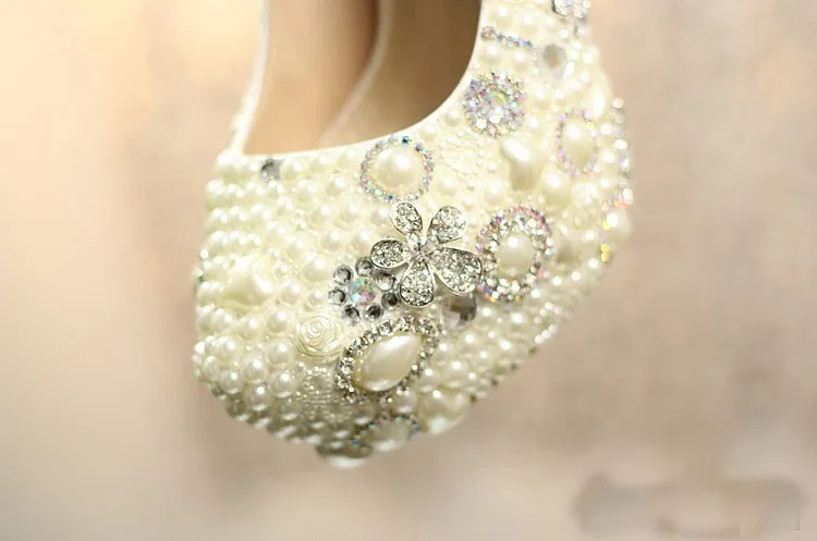 Роскошный 12 см Высокий Каблук Белый Белый Пром Обувь Популярные Ботинки женщин Элегантные Свадебные Свадебная Обувь с Имитацией Перл
