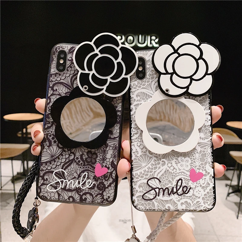

Luxury Mirror Phone Case for Samsung A90 A80 A60 A70 Etui Lace Flower Hard Back Cover for Samsung A50 A40 A30 A20 A10 with Strap