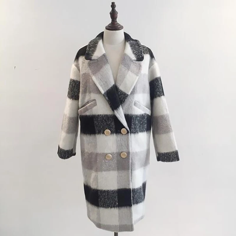 Woherb, зимнее клетчатое длинное пальто для женщин, Корейская уличная одежда, куртки для девушек, винтажные двубортные пальто, толстая верхняя одежда 20508 - Цвет: Черный