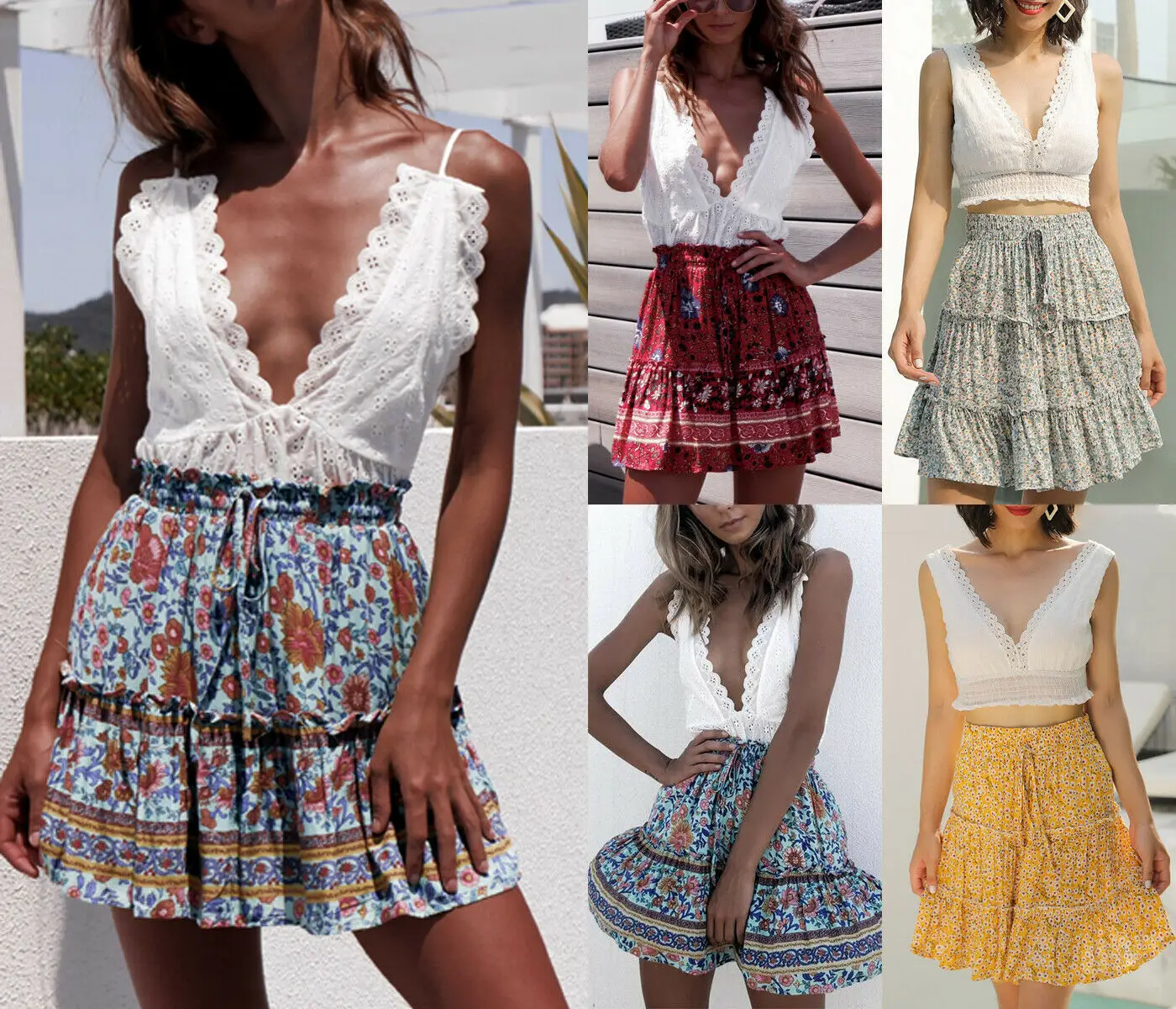 

BOHO Women Floral Print Elastic Waist Lace up Summer High Waist Casual Loose Gypsy Short Mini Skirt Party Vintage Evening Skirts