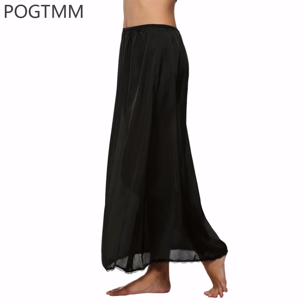Satin Underskirt Women Lace Trim Long Half Slips Female Loose Elastic Waist Underdress Skirt Nightwear Lingerie White Black L2